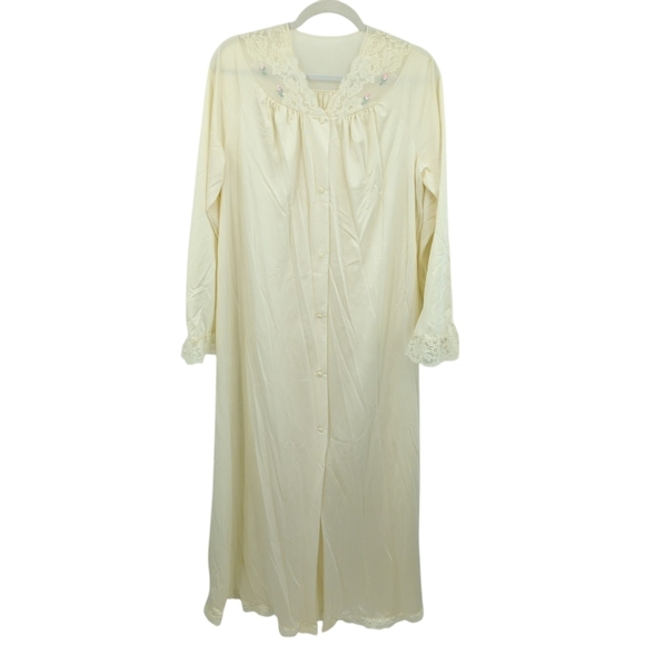 Vintage X Shadowline Nightgown Peignoir Lace Floral Ivory Nylon Made USA Women M - Picture 1 of 8